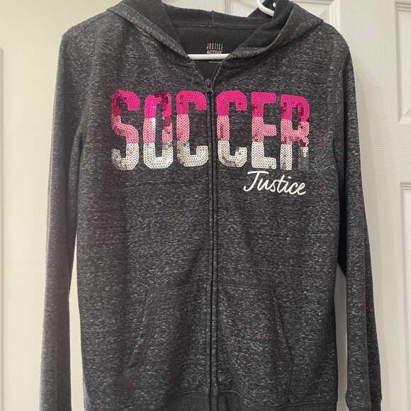 JUSTICE Grey Long Sleeve Sweatshirt/Jacket (Soccer) in Size 16/18 - Picture 1 of 5